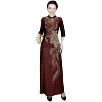 Áo dài sườn xám cách tân trung niên cổ nạm đá hoa đính đá thun nhũ  size lớn 75kg,  Sườn xám áo dài cách tân thun nhũ