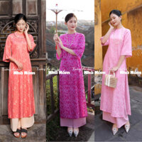 Áo dài suông dáng xưa, gấm Thượng Hải cao cấp, cổ tròn có đính cúc, áo dài dáng tay lỡ, trẻ trung.