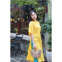 Áo dài suông ngắn, tay lỡ, gấm hoa nhí màu vàng trẻ trung - cực xinh