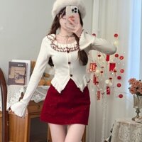 Áo dài tay cổ lá sen mới mùa xuân 2025 dành cho nữ thon gọn và mỏng