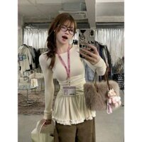 Áo dài tay đế chắp vá ren Hàn Quốc