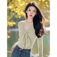 Áo dài tay dệt kim nơ độc đáo phong cách cao cấp mẫu mới thu đông nữ áo giáp phong cách QOMX