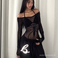 Áo Dài Tay Khoét sâu ôm dáng Hot Girl áo một mảnh gợi cảm Áo Phông mặc trong phối cảnh nhảy múa