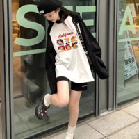 Áo dài tay phối màu in hình dể thương, Áo tay dài phối màu chất Cotton xược dáng dài