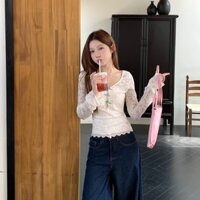 Áo dài tay ren cổ V phối nơ nữ tính For Girls