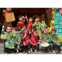 Áo dài Tết 2025 cho bé gái bé trai chất nhung tăm dày dặn hoa tiết áo dài chăn con công