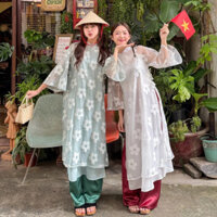 [ÁO DÀI TẾT] Áo dài cách tân Diệu Hàm , áo dài 4 tà hoa tròn dáng tay loe phối quần phi bóng