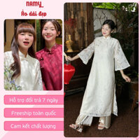 Áo Dài Tết Bạch Điền Tơ Nến Hoa Mai - Áo Dài Cách Tân 4 Tà Dáng Suông Màu Da Và Đỏ Đậm Namy AD1074