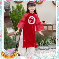 Áo dài tết bé gái 1-10 tuổi in cành hoa hở vai vải tơ hàng thiết kế cao cấp thời trang