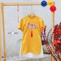 Áo dài Tết bé gái vải gấm thêu hình quạt hoa WINKIDS chuyên quần áo cho bé (tặng kèm bờm cài tóc)