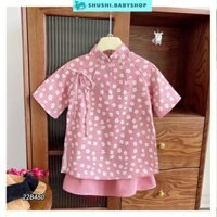 Áo dài tết cách tân bé gái nhung tăm hoa nhí màu hồng vàng bé 9 đến 25 kg SHUSHI babyshop