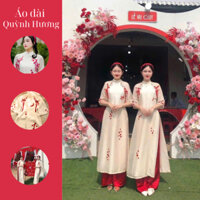 Áo dài Tết Cách Tân màu kem phối hoa đỏ kiểu mới nhã nhặn xinh xắn by Quỳnh Hương