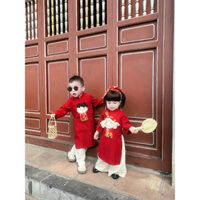 Áo dài Tết ChiBi hoạ tiết chăn con công cho bé