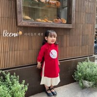 Áo dài tết cho bé gái BEEMO, chất liệu nhung tăm phối voan, quần lụa bóng, đính kèm nơ xinh xắn B031