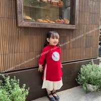 Áo dài tết cho bé gái , chất liệu nhung tăm phối voan, quần lụa bóng, đính kèm nơ xinh xắn B031