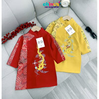 Áo dài Tết cho bé mẫu mới năm 2024 CHIVU'sKID chất nhung chéo, phối gấm, họa tiết rồng thêu đẹp mắt