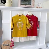 Áo dài tết cho bé trai lụa gân tà đắp hai màu đỏ vàng thêu rồng du xuân SHUSHI baby shop 1đến 7 tuổi