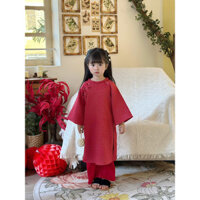 Áo Dài Tết Gấm Vân Hoa Nổi Nơ Xinh Đính Ngọc Màu Đỏ Cho Bé Gái Mặc Xuân - Lana Kids S049