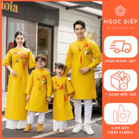 Áo dài Tết gia đình, áo dài trung thu đẹp - vải tafta, họa tiết đính kết ruy băng - màu vàng - áo dài Ngọc Diệp - GD59