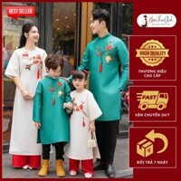 Áo dài Tết gia đình, Áo dài trung thu đẹp - vải tafta, họa tiết đính kết ruy băng - màu xanh - Áo dài HTA Luxury - GD60