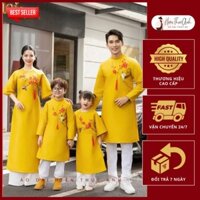 Áo dài Tết gia đình, Áo Dài trung thu đẹp - vải tafta, họa tiết đính kết ruy băng - màu vàng - Áo Dài HTA Luxury
