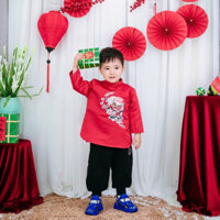 Áo dài Tết Hương Phượng dáng cách tân thêu lân phượng đón tết cho bé trai từ 3 đến 9 Tuổi (12-30kg)