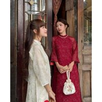 Áo dài Tết màu đỏ trắng tay lỡ áo tơ kim tuyến kiểu dáng thanh lịch kiểu áo dài chụp hình Tết 12WT5