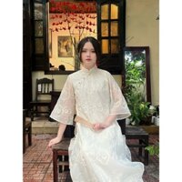 Áo dài tết Thiều Hoa Migcool - [ TẶNG QUẠT GỖ ] áo dài cách tân vải tơ thêu cổ tàu cách điệu