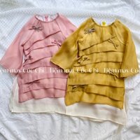 Áo dài tết xếp ly nơ xinh cho bé gái 2 màu hồng, vàng dễ thương xinh xắn