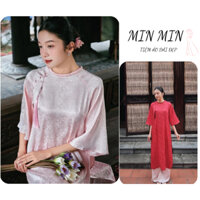 Áo Dài Têt Xuông Đính Tua Cao Cấp ,Áo Dài Suông Cổ Tròn Xưa Tay Lỡ Đính Cúc Bọc May Sẵn