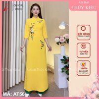 Áo dài thiết kế lụa Mỹ nền vàng AT56 thêu hoa 2 khóm may sẵn dự tiệc hội họp đám cưới Ảnh thật tự chụp sẵn hàng