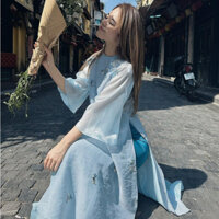 Áo Dài Thu Hải Tơ Thêu Cao Cấp Bốn Tà Tay Loe Dáng Suông Rộng Hàng May Sẵn ADTA012 - Áo Dài Thảo Anh