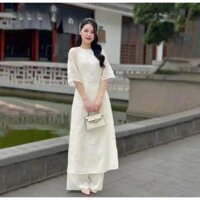 Áo dài Tơ 2 Màu Xanh Cốm , Be Trắng - Thi Thư, hoa thêu nổi, dáng xuông cách tân xinh xắn cổ tròn kết cho nữ