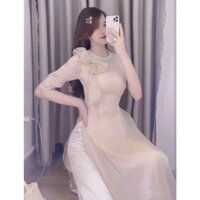 Áo dài tơ 4 tà màu trắng da đính nơ kết cườm cổ sang trọng