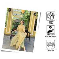 Áo Dài tơ cách tân 4 tà Nhã Kỹ chất tơ hoạ tiết thêu hoa lá màu xanh nhẹ nhàng