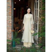 Áo dài tơ cách tân nhẹ nhàng Mai Chi - Áo dài Nét Việt - Chất liệu tơ óng hoa thêu mềm đẹp nhẹ bay tà tôn dáng