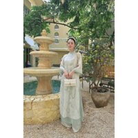 Áo dài tơ nhăn thêu hoa mai hàng hót tết 2025 cho nữ dáng xuông tay loe chất liệu tơ-Áo dài trang thanh