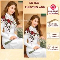 Áo dài trắng hoa in sang trong- Áo Dài Phương Anh -M89-tà dài 138cm,tay dài, hoa in 3D,size từ S-3XL