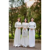 Áo Dài Trắng  Truyền Thống May Sẵn Vải Lụa Mĩ Trơn Mịn Cao Cấp