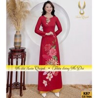Áo Dài Trung Niên Hoạ Tiết Hoa Cúc Nền Đỏ Đô, Lụa Habutai Co Dãn K87 - Áo Dài Xuân Quỳnh