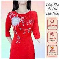 *Áo dài trung niên lụa màu đỏ cổ tròn kết hoa - Tổng Kho Áo Dài Việt Nam Nữ - T223- tà dài 140cm, kết ngọc, co dãn, mềm