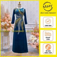 ÁO DÀI TRUNG NIÊN MÀU XANH THIẾT KẾ THÊU ĐÍNH HỌA TIẾT HOA