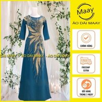 Áo dài trung niên tặng mẹ thiết kế đính kết pha lê 2 tà cổ tròn tay lỡ