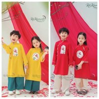 Áo dài trung thu, Tết cho bé trai bé gái - vải chéo Hàn, họa tiết thêu chữ An cao cấp - áo dài nhà Cam - AE01