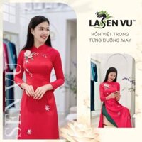 Áo Dài Truyền Thống 2 Tà, Lụa Mỹ Đỏ Thêu Hoa Ruy Băng Cao Cấp - Áo dài Sen Vũ