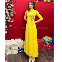 Áo Dài Truyền Thống, Bộ Áo Dài Lụa Mỹ Thêu Hoa Ruy Băng Cao Cấp Màu Vàng
