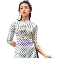 Áo dài truyền thống chấm bi lụa hàn châu may sẵn - S - Áo Trắng Chấm Đen