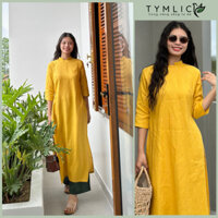 Áo Dài Truyền Thống Chất Liệu Linen Tưng Premium Cao Cấp Cổ Vuông Hở Màu Vàng AD406 TYMLIC(Không kèm quần )