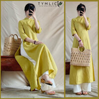 Áo Dài Truyền Thống Cổ Vuông Hở Chất Liệu Linen Tưng Premium Màu Vàng Chanh TYMLIC AD434