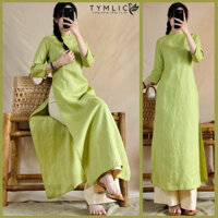 Áo Dài Truyền Thống Cổ Vuông Hở Chất Liệu Linen Tưng Premium Màu Xanh Cốm TYMLIC AD433(Không kèm quần)